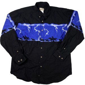 Express Rider Button Up Western Lightning Horses Long Sleeve Black Size Large